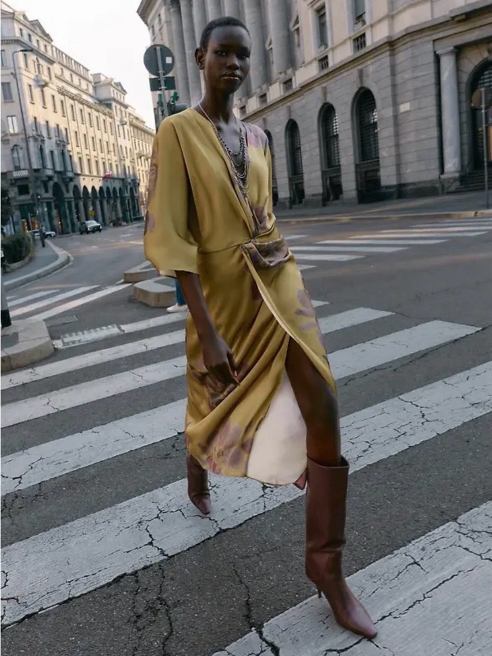 Zara Yellow Wrap Midi Dress with Pink Floral Details